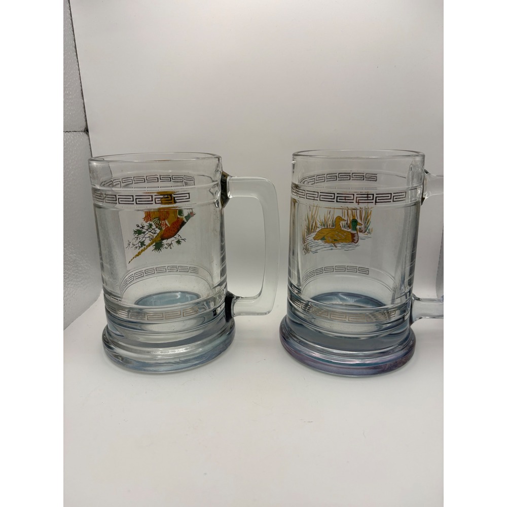 Vintage Wildlife Glass Beer Mugs Set of 2 Pheasant‎ & Mallard Duck Greek Key - Picture 5 of 11